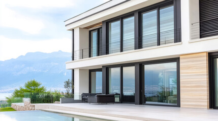 Modern house with stunning views of mountains and lake in a tranquil setting