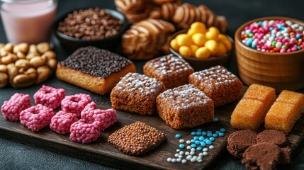 Sweet treats, snacks, and milk on dark wood board