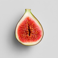 Close-Up View of Freshly Cut Fig Displaying Vibrant Pink Flesh and Unique Seed Structure on Minimalistic Gray Background