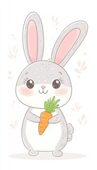 Obraz premium Cute cartoon bunny holding carrot, whimsical background, children's illustration, for kids' room, possibly greeting card or book illustration