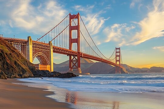 Sunset Golden Gate Bridge beach view, ocean waves, San Francisco - Powered by Adobe