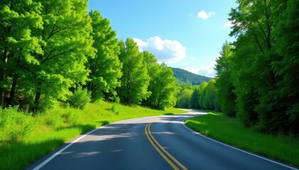 Obraz premium Curving asphalt road disappearing into a vibrant green forest under a clear blue sky , nature, perspective, horizon