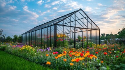 A modern glass greenhouse stands amidst lush green grass and tall ornamental plants under a vibrant blue sky,