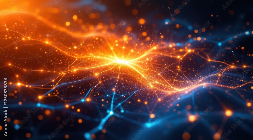 Poster glowing network of connected points and lines in dark space