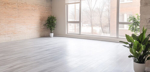 Bright and spacious room with large windows and indoor plants in urban setting