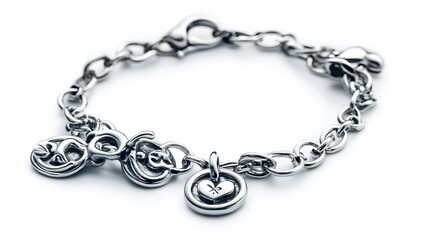 A silver bracelet with charms, isolated on white