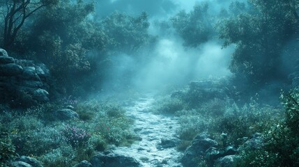 Enchanted Forest Path at Twilight: A Mystical Digital Painting