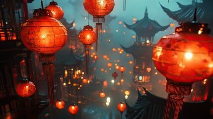 Traditional red lanterns lighting up a dark space with their warm glow, perfect for Chinese New Year visuals.