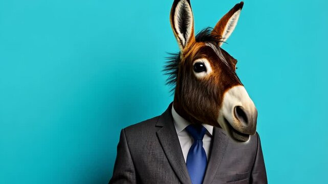 Businessman with donkey head in suit against a bright blue background creates a surreal and humorous visual
