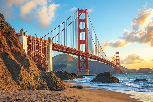 Golden Gate Bridge sunset beach ocean waves - Powered by Adobe