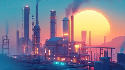 Fototapeta premium Twilight view of a modern gas power plant with glowing facilities and towering stacks against a fading sunset.