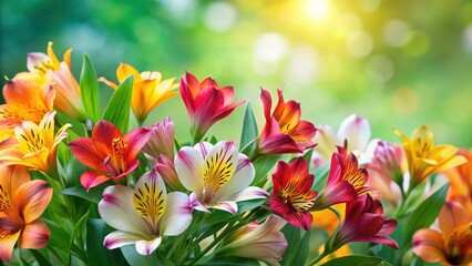 Fototapeta premium Colorful Blooming Alstroemeria Flowers on Green Background , colorful blooms