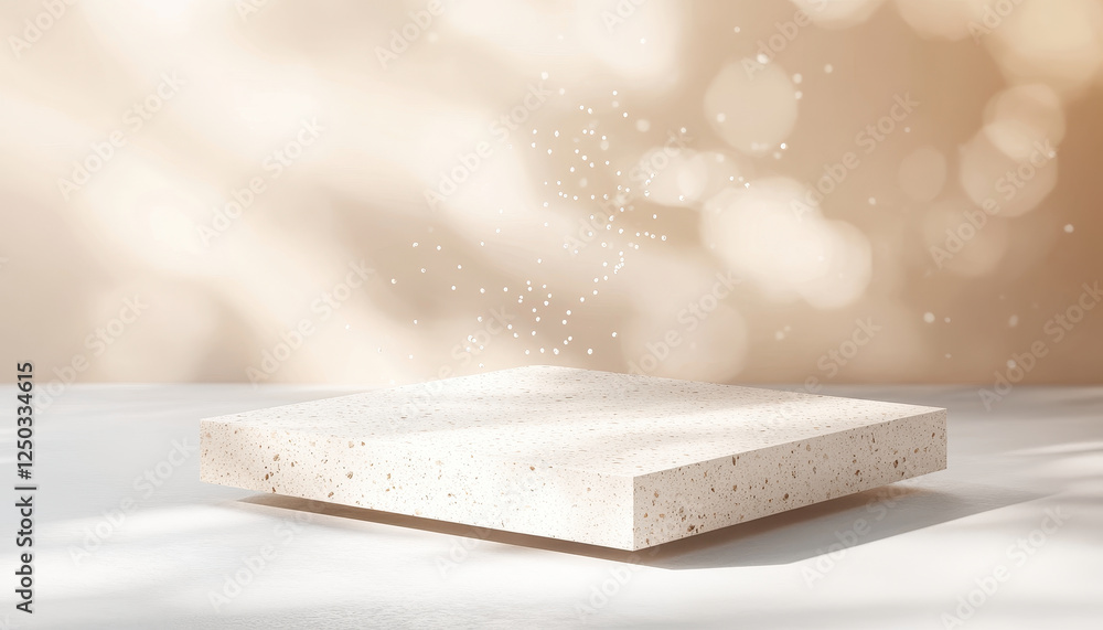Poster textured stone platform with floating quinoa seeds, creating serene atmosphere. soft background enha