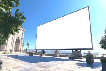 Fototapeta premium White blank billboard outdoors with a clear blue sky in the background, perfect for promotional announcements.