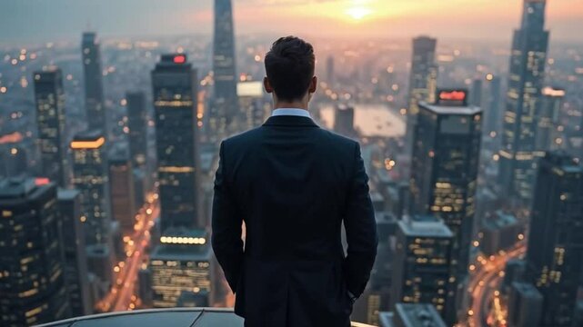 business man sea a city in last floar of buliding