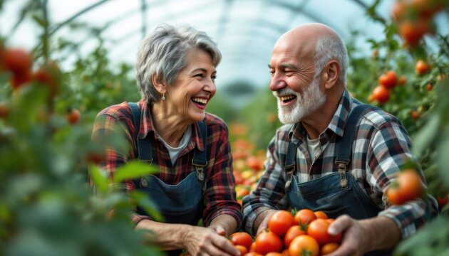 Elderly caucasian couple harvesting tomatoes in greenhouse garden - Powered by Adobe