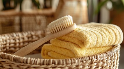 A natural bamboo baby brush and yellow washcloth neatly arranged.