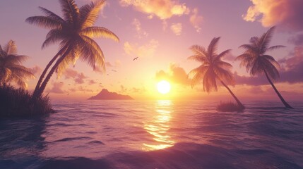 Vibrant tropical island: palm trees, a glowing sun, and gentle waves, perfect for summer, relaxation, and vacation visuals.
