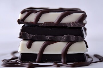 White and dark chocolate bars stacked alternately with a glossy chocolate drizzle cascading over them.