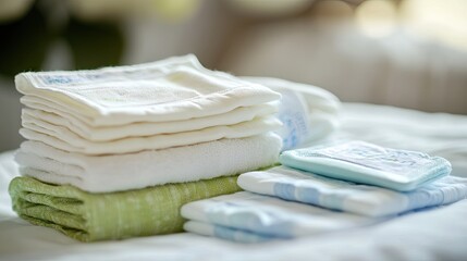 A pack of baby-safe wipes placed next to a soft, organic cotton diaper.