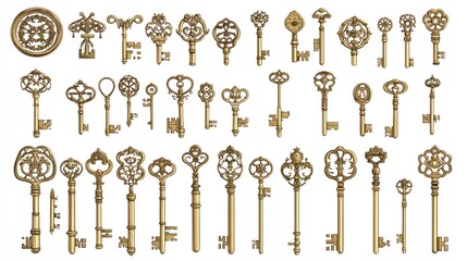 A collection of antique keys, clean white background, transparent isolate