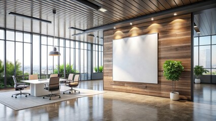 Large wall mockup with bold typography for branding and advertising purposes in a modern office setting