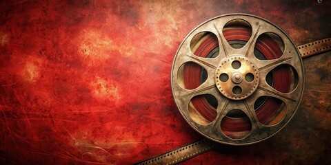Obraz premium A close-up shot of a vintage film reel lying on a red background, with worn-out labels and scratches, evoking nostalgia for bygone eras, worn out, leather texture