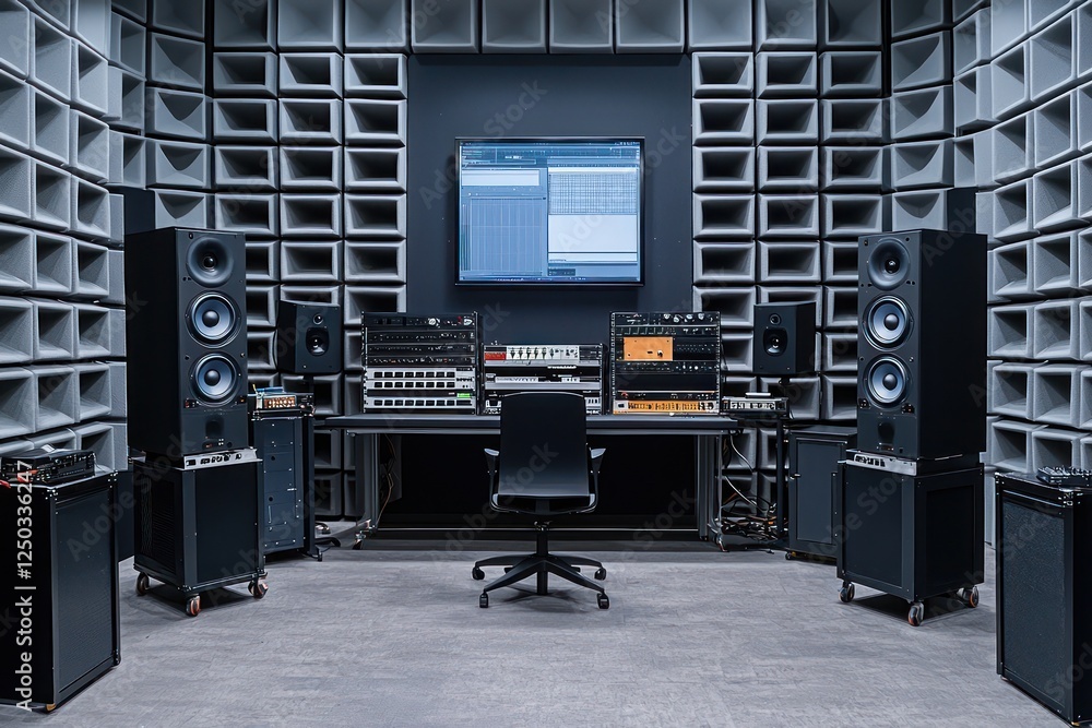 Poster advanced acoustics lab featuring soundproof chambers and high-tech tools for audio experiments.
