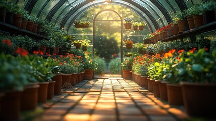 Serene Greenhouse: A Sunlit Path Among Vibrant Flowers