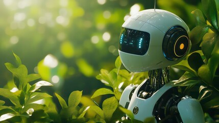 Futuristic robot interacting with nature in lush green environment