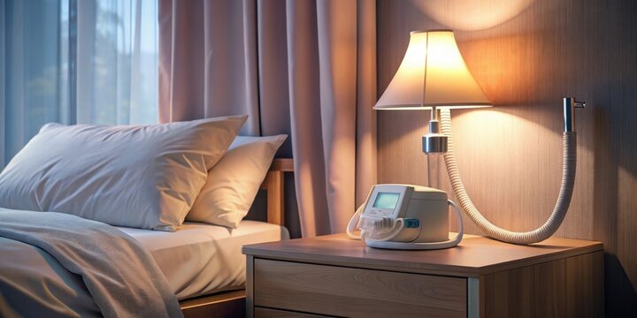 A CPAP machine is placed on a bedside table with soft pink curtains and a lamp nearby at night, bed time setup