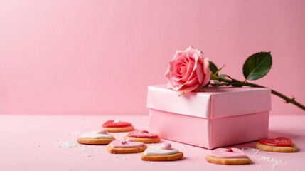 A pink gift box adorned with a delicate rose, surrounded by heart-shaped cookies on a pastel surface