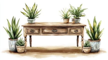 A rustic wooden table adorned with various potted plants, set against a clean, bright background