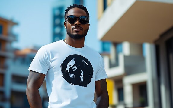Man in graphic tee, city backdrop, confident pose