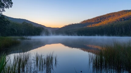 Fototapeta premium Serene lake at dawn with mist rising, surrounded by lush greenery and mountains.