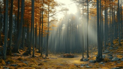 Sunlit Autumn Forest Path Mystical Golden Hour Woodscape