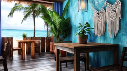 Obraz premium Cozy beachside caf? interior with wooden furniture, tropical plants, and ocean view