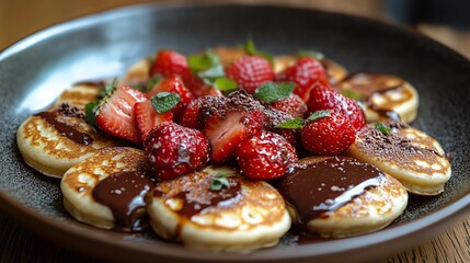 Delicious mini pancakes topped with fresh strawberries and drizzled with rich chocolate sauce, served on a stylish black plate, perfect for a decadent breakfast or dessert.