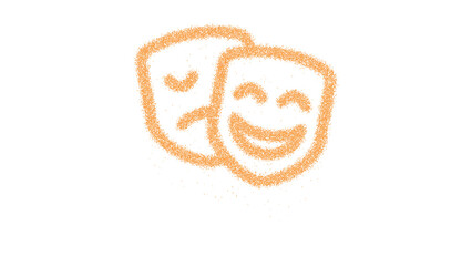 Icon theater masks is made of yellow grains of sand. Some grains of sand fall down. Transparent background. Black