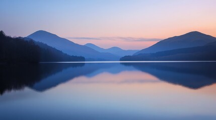 Fototapeta premium Serene lake at dawn with misty mountains reflecting in calm waters.
