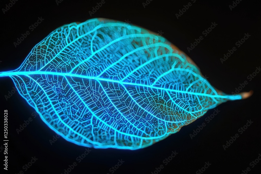 Poster efficiency carbon neutral digital concept. illuminated leaf with intricate neon patterns against a d