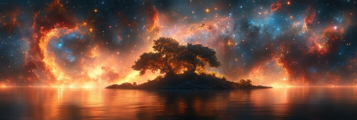 Fototapeta premium Cosmic Island: A Solitary Tree Under a Celestial Canvas