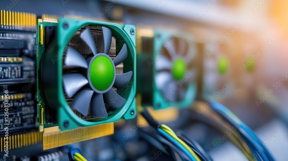 Poster efficiency carbon neutral digital concept. cooling fans on a computer graphics card with vibrant col