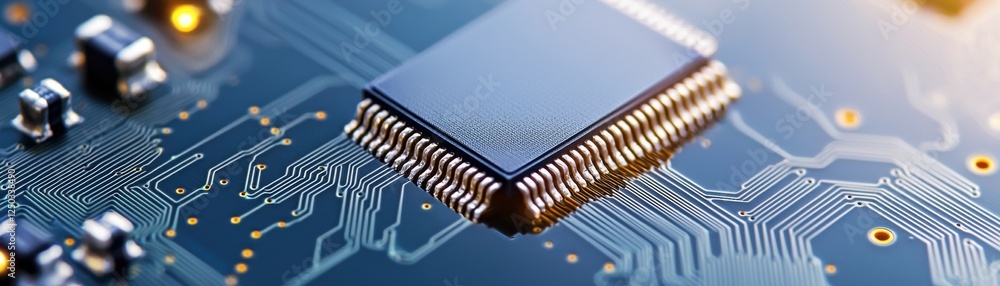 Poster efficiency carbon neutral digital concept. close-up of a microchip on a circuit board with intricate