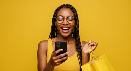 A stylish woman happily shopping with bags and using her phone