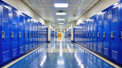 Fototapeta premium Empty school hallway with royal blue metal lockers, empty lockers