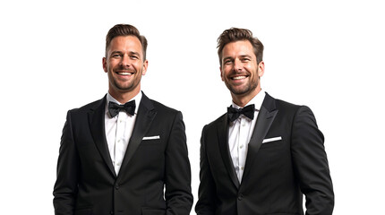 couple of two happy men with smiles on their faces in black tuxedos on pure white background
