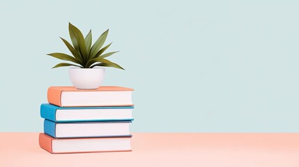 A stack of colorful books with a potted plant on top against a light pastel background