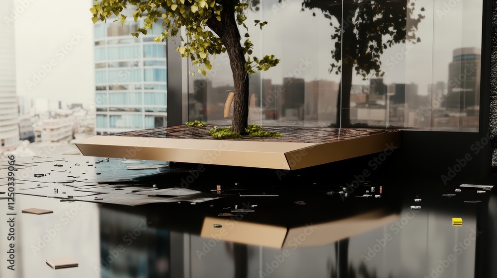 Poster A modern architectural space featuring a tree on a floating platform.