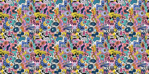 Fototapeta premium Cartoon hand-drawn doodles on the subject of summer holidays theme seamless pattern